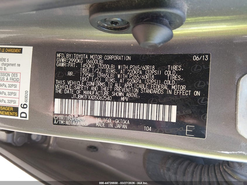 2013 Lexus Gx VIN JTJBM7FXXD5062540 IAAI salvage auction — FRONT END, Salvage (South Carolina), sold $5,950 on 2026-07-07 (photo 9)