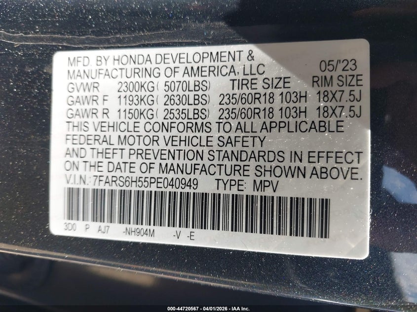 2023 Honda Cr-v VIN 7FARS6H55PE040949 IAAI salvage auction — ALL OVER, Wait Title, sold $5,400 on 2026-07-14 (photo 9)