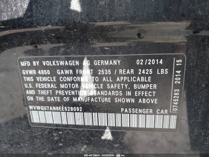 2014 Volkswagen VIN WVWGU7AN6EE528092 IAAI salvage auction — BIO HAZARD, Bill Of Sale (Washington), sold $225 on 2026-08-11 (photo 9)