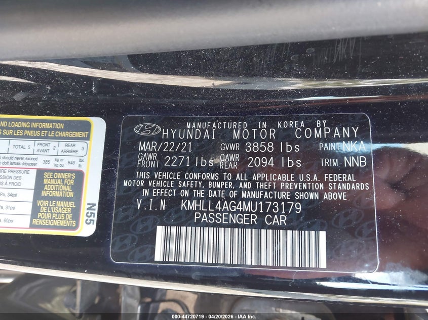 2021 Hyundai Elantra VIN KMHLL4AG4MU173179 IAAI salvage auction — FRONT & REAR, Salvage Title, sold $3,300 on 2026-07-13 (photo 9)