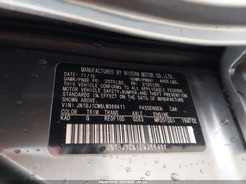 2020 Nissan Rogue VIN JN1BJ1CW6LW368411 IAAI salvage auction — REAR END, Wait Title, sold $2,250 on 2026-07-15 (photo 9)