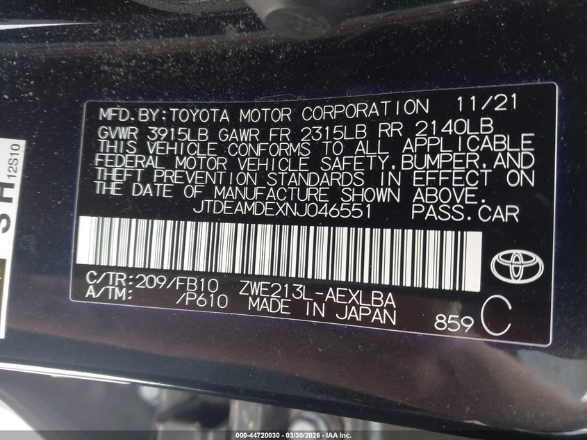 2022 Toyota Corolla VIN JTDEAMDEXNJ046551 IAAI salvage auction — FRONT END, Wait Title, sold $25 on 2026-07-22 (photo 9)