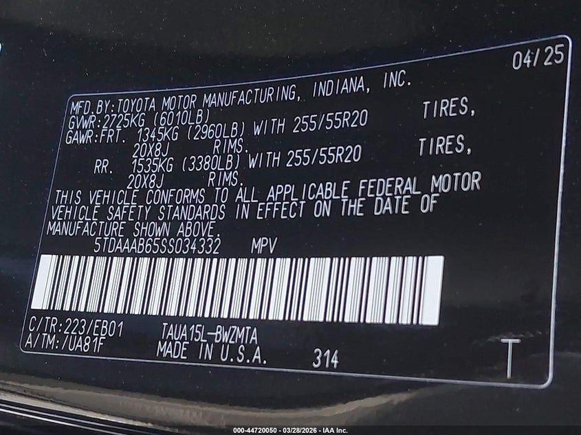 2025 Lexus Tx VIN 5TDAAAB65SS034332 IAAI salvage auction — FRONT END, Wait Title, sold $24,325 on 2026-08-18 (photo 9)