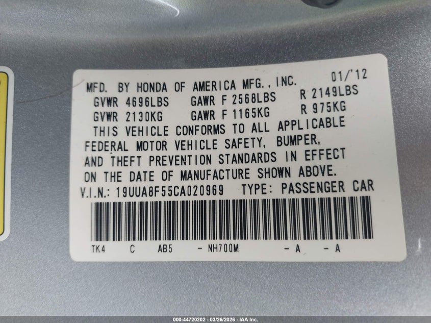 2012 Acura Tl VIN 19UUA8F55CA020969 IAAI salvage auction — FRONT END, Original (Texas), sold $1,800 on 2026-07-09 (photo 9)