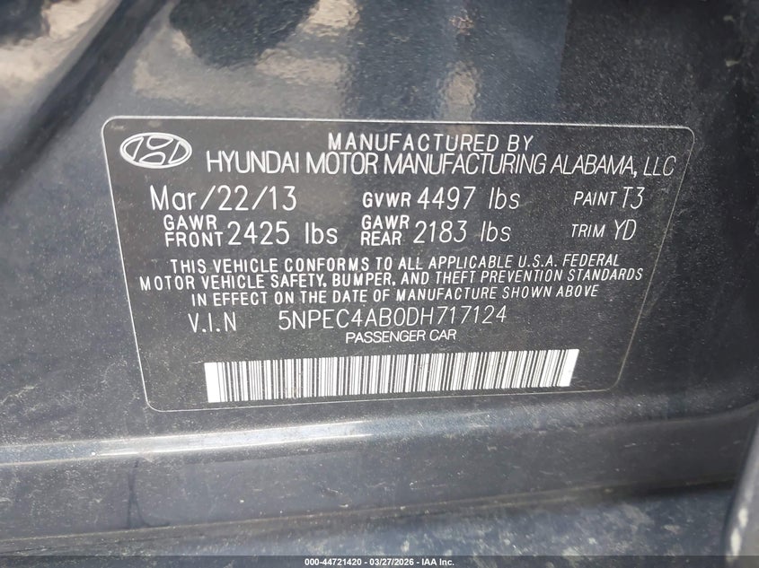 2013 Hyundai Sonata VIN 5NPEC4AB0DH717124 IAAI salvage auction — FRONT END, Clear (Virginia), sold $25 on 2026-07-28 (photo 9)