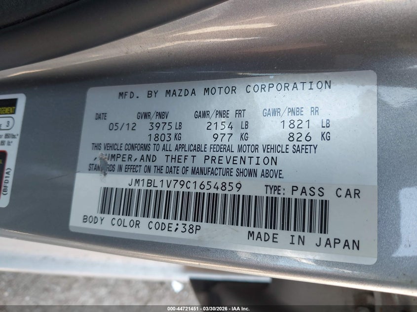 2012 Mazda 3 VIN JM1BL1V79C1654859 IAAI salvage auction — FRONT END, Wait Title, sold $675 on 2026-07-07 (photo 9)
