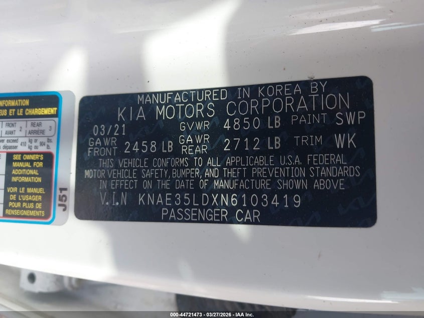 2022 Kia Stinger VIN KNAE35LDXN6103419 IAAI salvage auction — FRONT END, Wait Title, sold $5,700 on 2026-07-22 (photo 9)