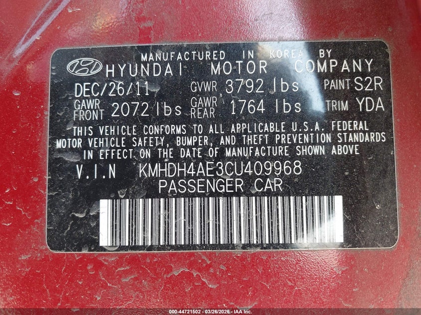 2012 Hyundai Elantra VIN KMHDH4AE3CU409968 IAAI salvage auction — REAR END, Wait Title, sold $950 on 2026-07-17 (photo 9)