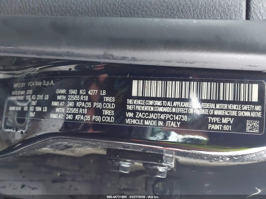 2015 Jeep Renegade VIN ZACCJADT4FPC14738 IAAI salvage auction — UNDERCARRIAGE, Wait Title, sold $1,475 on 2026-08-05 (photo 9)