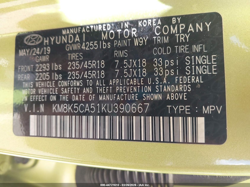 2019 Hyundai Kona VIN KM8K5CA51KU390667 IAAI salvage auction — FRONT END, Wait Title, sold $25 on 2026-07-10 (photo 9)