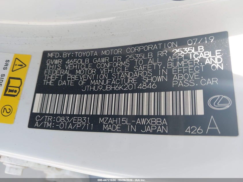 2019 Lexus Ux VIN JTHU9JBH6K2014846 IAAI salvage auction — REAR END, Wait Title, sold $7,500 on 2026-07-07 (photo 9)