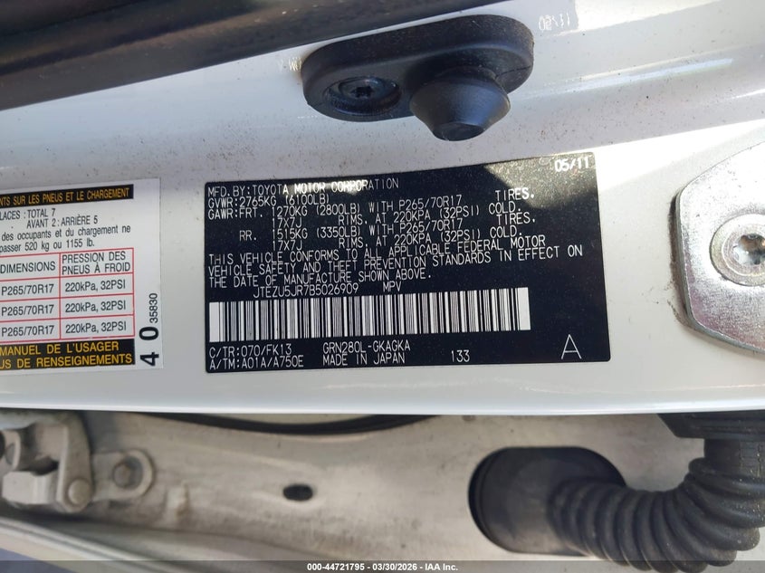 2011 Toyota 4runner VIN JTEZU5JR7B5026909 IAAI salvage auction — REAR END, Salvage (North Carolina), sold $6,500 on 2026-07-15 (photo 9)