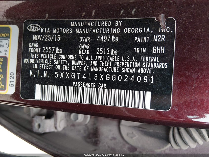 2016 Kia Optima VIN 5XXGT4L3XGG024091 IAAI salvage auction — FRONT END, Wait Title, sold $425 on 2026-07-21 (photo 9)