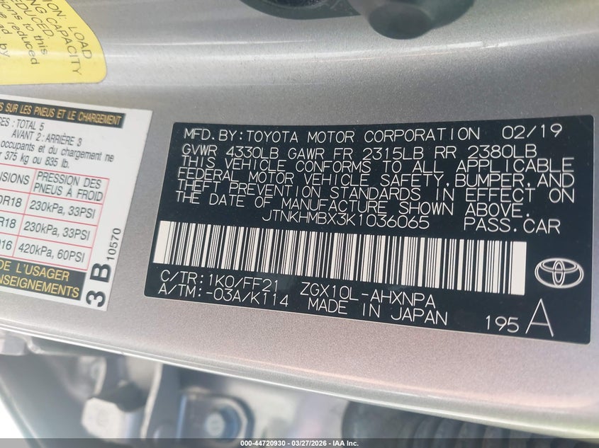 2019 Toyota C-hr VIN JTNKHMBX3K1036065 IAAI salvage auction — REAR END, Wait Title, sold $4,550 on 2026-07-17 (photo 9)