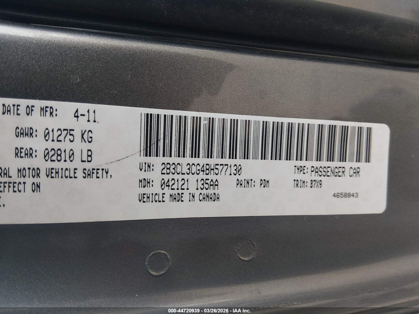 2011 Dodge Charger VIN 2B3CL3CG4BH577130 IAAI salvage auction — RIGHT SIDE, Salvage (South Carolina), sold $600 on 2026-09-01 (photo 9)
