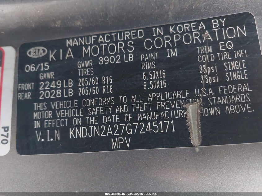 2016 Kia Soul VIN KNDJN2A27G7245171 IAAI salvage auction — FRONT END, Wait Title, sold $625 on 2026-07-15 (photo 9)
