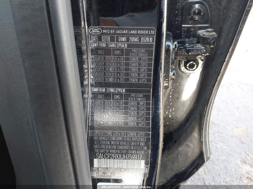 2018 Land rover Discovery sport VIN SALCP2RXXJH759917 IAAI salvage auction — FRONT END, Clear (Oklahoma), sold $2,550 on 2026-07-29 (photo 9)
