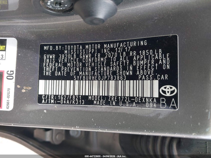 2018 Toyota Corolla VIN 5YFBURHE0JP783863 IAAI salvage auction — RIGHT SIDE, Wait Title, sold $1,500 on 2026-07-14 (photo 9)