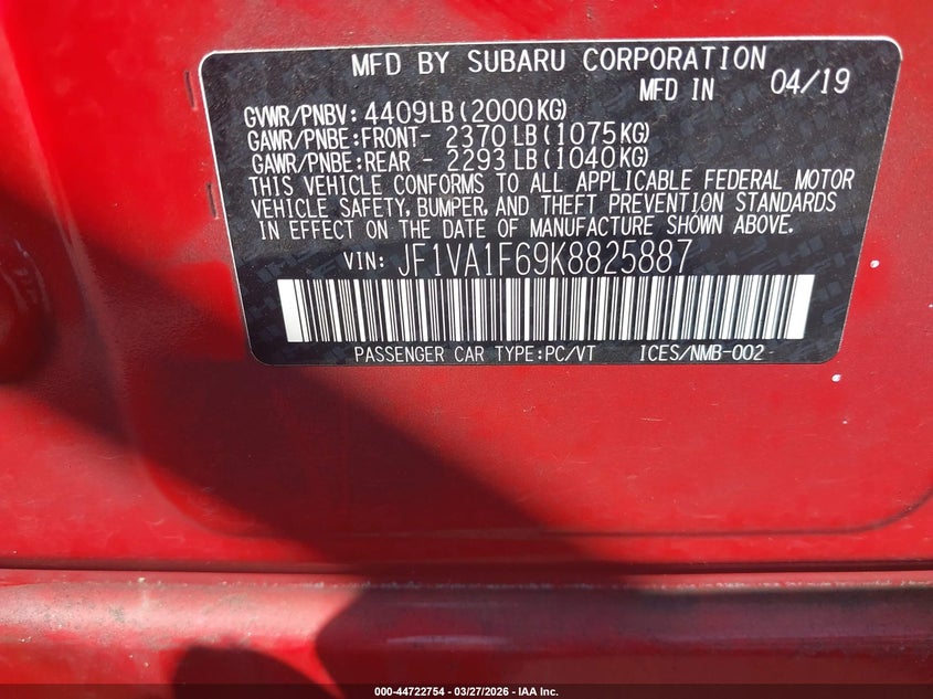 2019 Subaru Wrx VIN JF1VA1F69K8825887 IAAI salvage auction — LEFT FRONT, Wait Title, sold $4,500 on 2026-07-08 (photo 9)