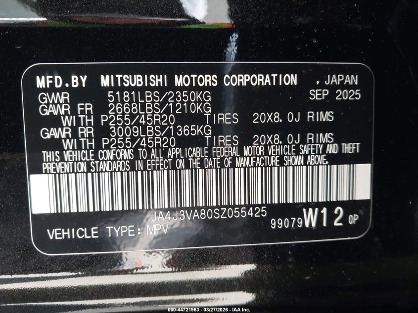 2025 Mitsubishi Outlander VIN JA4J3VA80SZ055425 IAAI salvage auction — FRONT END, Wait Title, sold $7,600 on 2026-07-08 (photo 9)