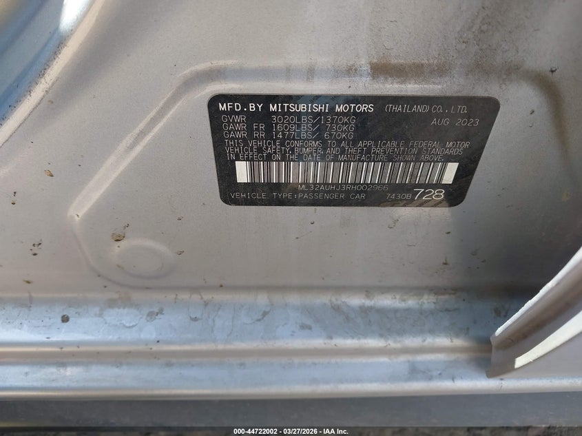 2024 Mitsubishi Mirage VIN ML32AUHJ3RH002966 IAAI salvage auction — FRONT END, Original (Texas), sold $2,400 on 2026-07-06 (photo 9)