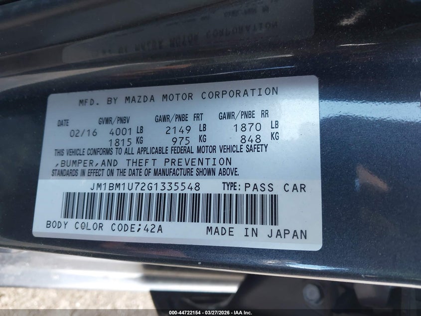 2016 Mazda 3 VIN JM1BM1U72G1335548 IAAI salvage auction — FRONT END, Wait Title, sold $375 on 2026-07-14 (photo 9)