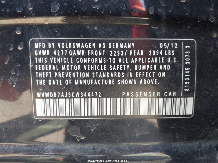 2012 Volkswagen Golf VIN WVWDB7AJ9CW344472 IAAI salvage auction — WATER/FLOOD, Salvage (Hawaii), sold $75 on 2026-08-04 (photo 9)