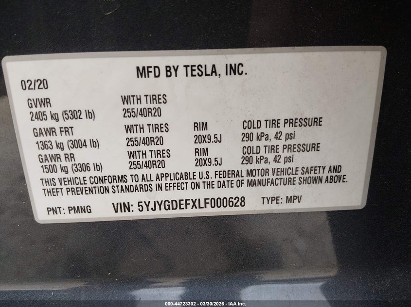 2020 Tesla Model y VIN 5YJYGDEFXLF000628 IAAI salvage auction — LEFT SIDE, Salvage (Georgia), sold $4,725 on 2026-07-09 (photo 9)