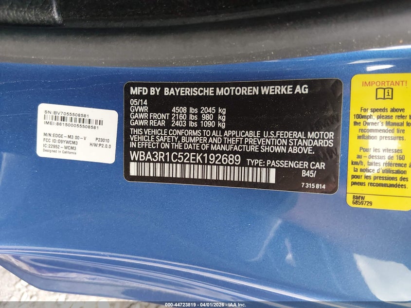 2014 BMW 4er VIN WBA3R1C52EK192689 IAAI salvage auction — RIGHT SIDE, Salvage (South Carolina), sold $2,700 on 2026-09-15 (photo 9)