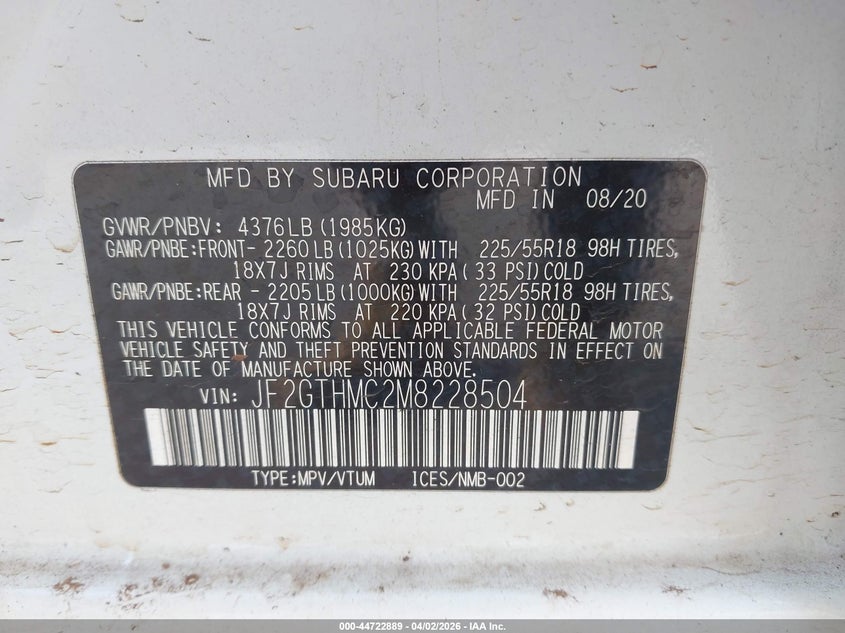2021 Subaru Xv VIN JF2GTHMC2M8228504 IAAI salvage auction — WATER/FLOOD, Wait Title, sold $2,250 on 2026-07-28 (photo 9)