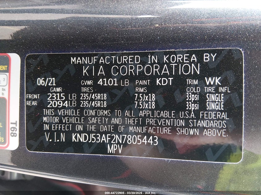 2022 Kia Soul VIN KNDJ53AF2N7805443 IAAI salvage auction — RIGHT SIDE, Salvage (Colorado), sold $3,350 on 2026-07-07 (photo 9)