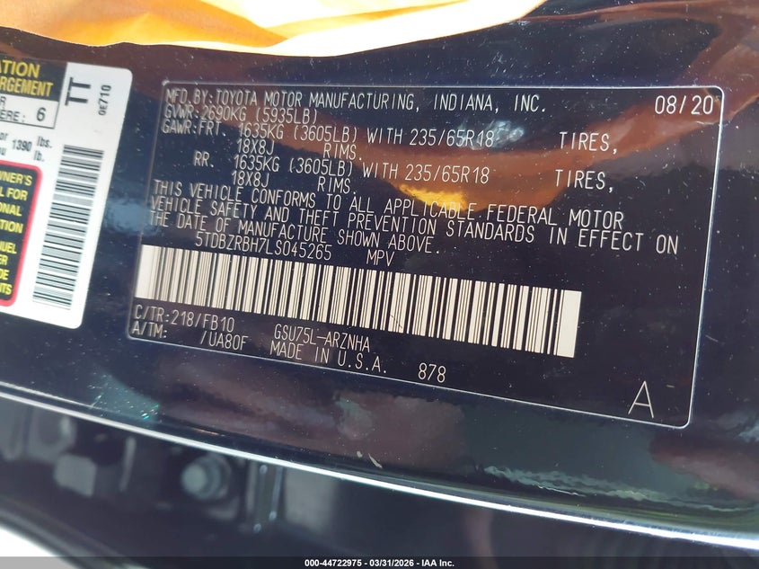 2020 Toyota Highlander VIN 5TDBZRBH7LS045265 IAAI salvage auction — LEFT SIDE, Mv-907A (New York), sold $10,200 on 2026-07-28 (photo 9)