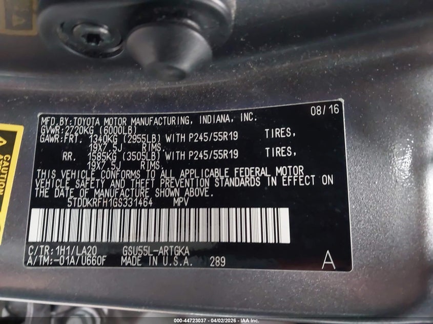 2016 Toyota Highlander VIN 5TDDKRFH1GS331464 IAAI salvage auction — RIGHT SIDE, Salvage (Utah), sold $7,200 on 2026-07-23 (photo 9)