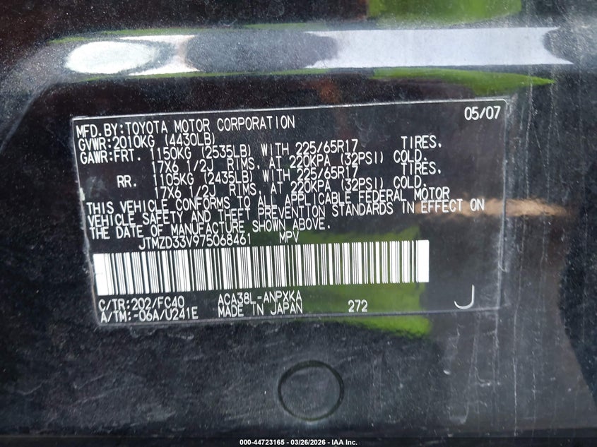 2007 Toyota Rav4 VIN JTMZD33V975068461 IAAI salvage auction — FRONT END, Salvage (Texas), sold $725 on 2026-07-15 (photo 9)