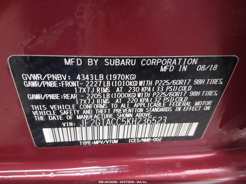 2019 Subaru Xv VIN JF2GTACC5KH236523 IAAI salvage auction — REAR END, Salvage (West Virginia), sold $1,975 on 2026-07-23 (photo 9)