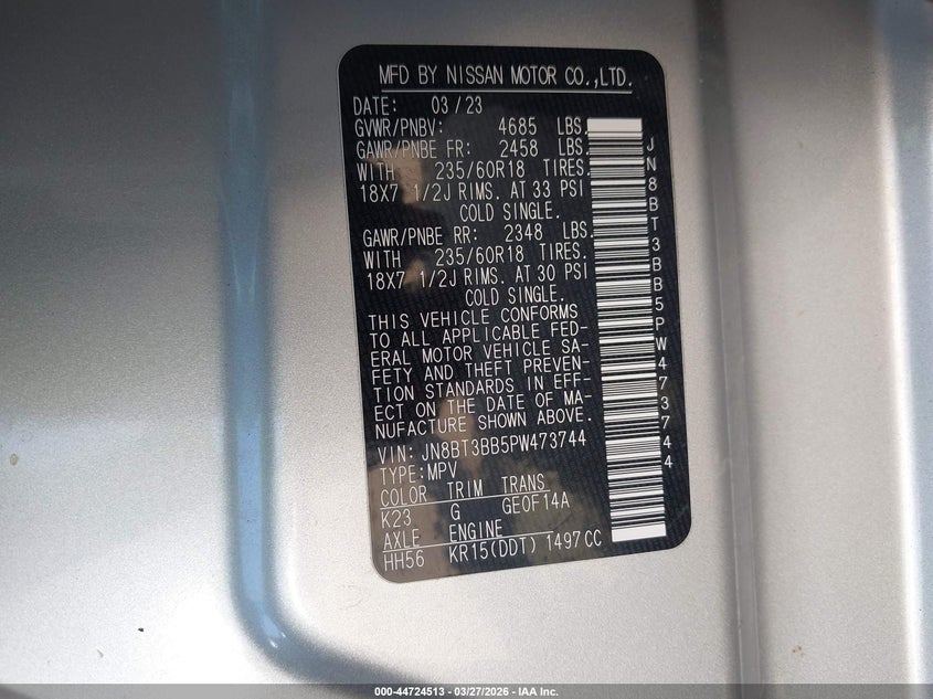 2023 Nissan Rogue VIN JN8BT3BB5PW473744 IAAI salvage auction — FRONT END, Wait Title, sold $6,500 on 2026-10-01 (photo 9)