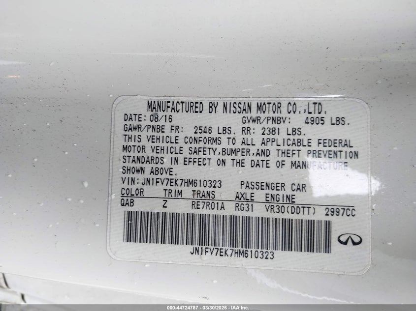2017 Infiniti Q60 VIN JN1FV7EK7HM610323 IAAI salvage auction — FRONT & REAR, Wait Title, sold $3,650 on 2026-07-08 (photo 9)