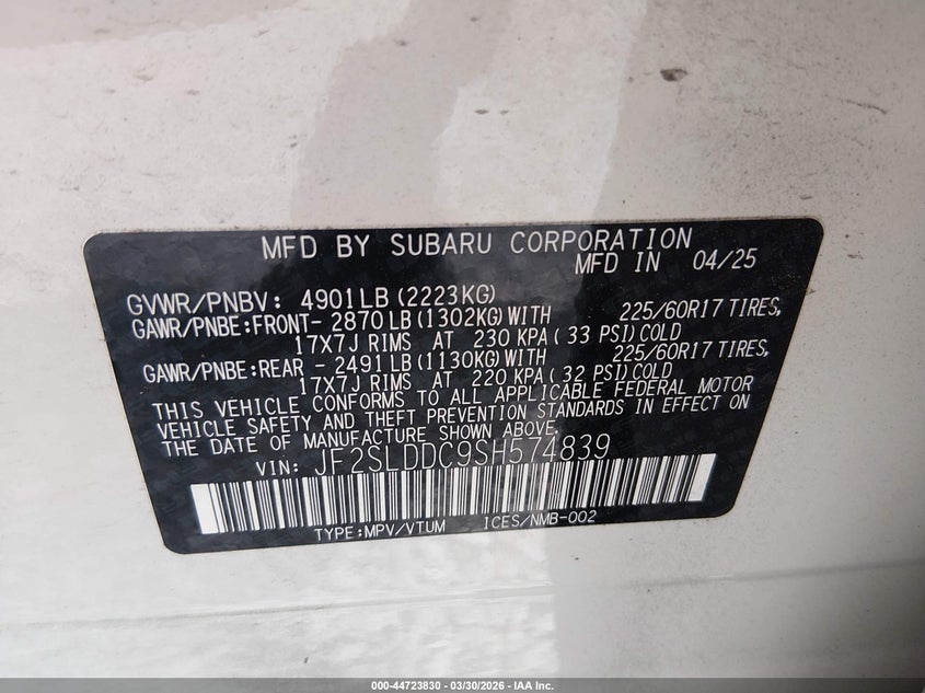 2025 Subaru Forester VIN JF2SLDDC9SH574839 IAAI salvage auction — RIGHT SIDE, Salvage (Alabama), sold $4,500 on 2026-07-16 (photo 9)