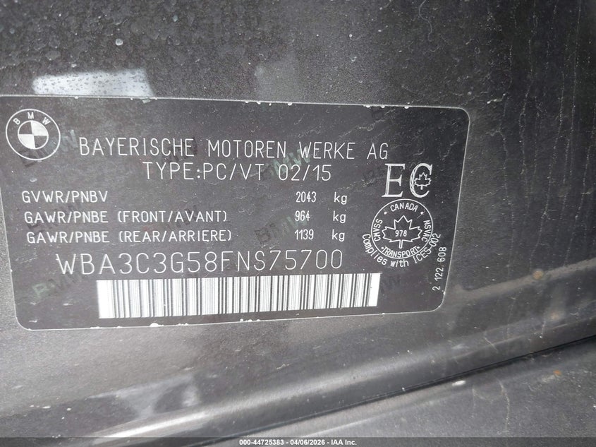 2015 BMW 3 series VIN WBA3C3G58FNS75700 IAAI salvage auction — FRONT END, Salvage (Massachusetts), sold $500 on 2026-07-24 (photo 9)