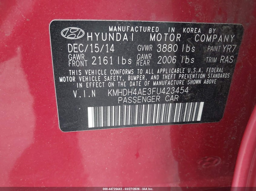 2015 Hyundai Elantra VIN KMHDH4AE3FU423454 IAAI salvage auction — THEFT, Salvage - Greater Than 75% (Maryland), sold $1,150 on 2026-07-16 (photo 9)