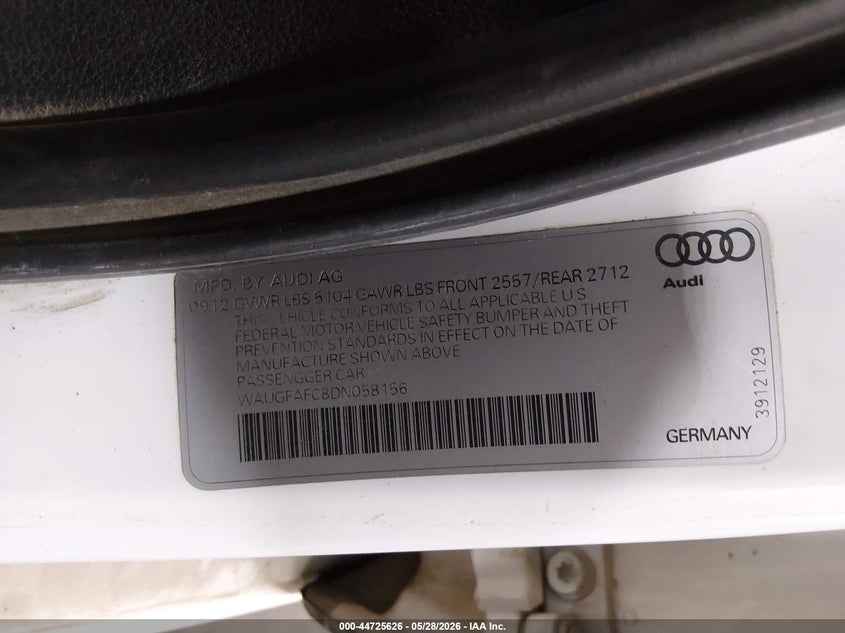 2013 Audi A6 VIN WAUGFAFC8DN058156 IAAI salvage auction — FRONT END, Salvage Title, sold $1,125 on 2026-07-21 (photo 9)