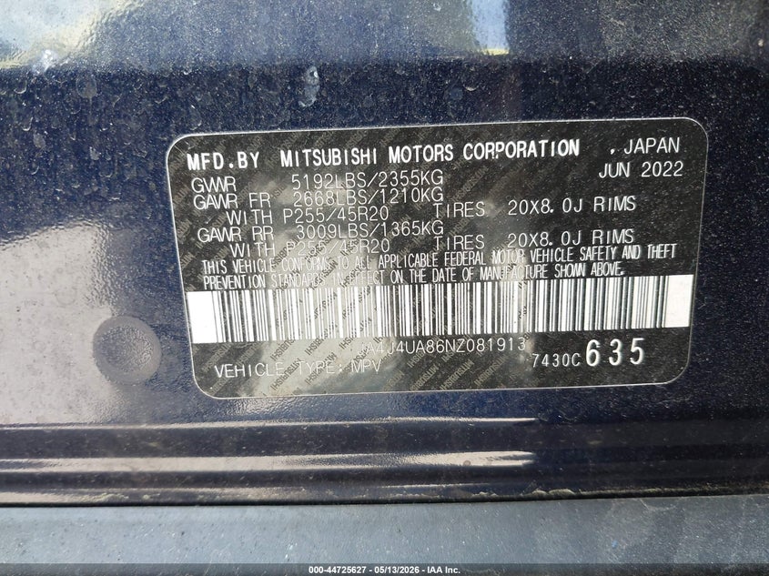 2022 Mitsubishi Outlander VIN JA4J4UA86NZ081913 IAAI salvage auction — BIO HAZARD, Mv-907A (New York), sold $1,925 on 2026-07-07 (photo 9)