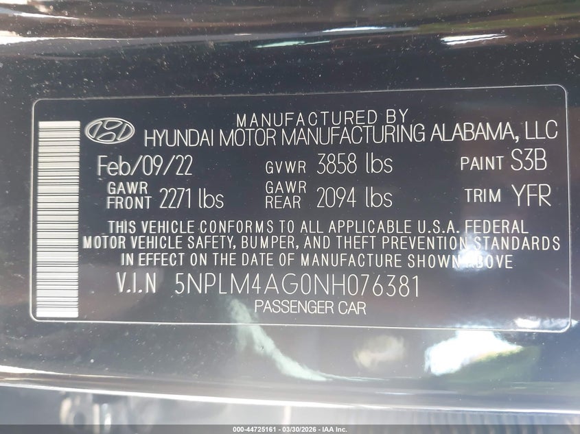 2022 Hyundai Elantra VIN 5NPLM4AG0NH076381 IAAI salvage auction — FRONT END, Wait Title, sold $3,250 on 2026-07-31 (photo 9)