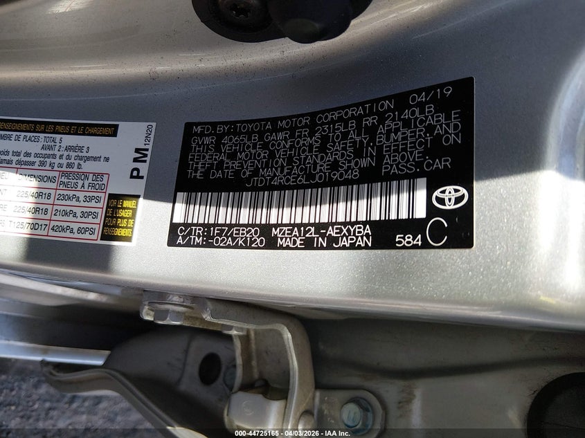 2020 Toyota Corolla VIN JTDT4RCE6LJ019048 IAAI salvage auction — ENGINE DAMAGE, Salvage (Colorado), sold $125 on 2026-07-21 (photo 9)