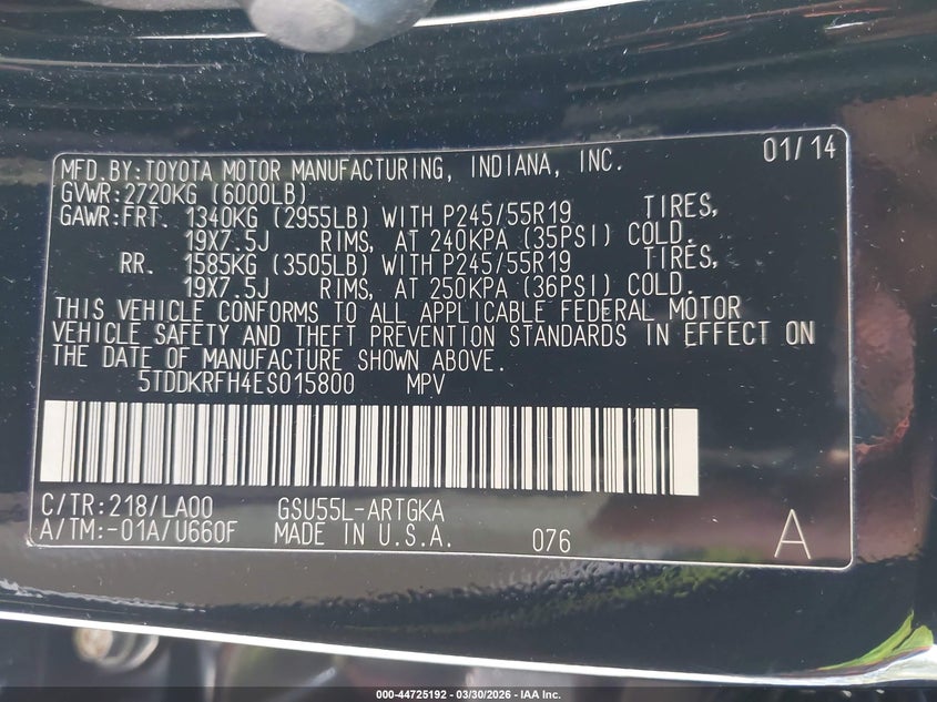 2014 Toyota Highlander VIN 5TDDKRFH4ES015800 IAAI salvage auction — ELECTRICAL, Mv-907A (New York), sold $9,150 on 2026-09-01 (photo 9)