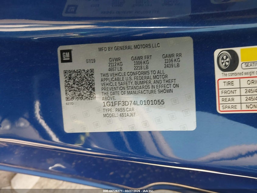 2020 Chevrolet Camaro VIN 1G1FF3D74L0101055 IAAI salvage auction — FRONT END, Salvage (North Carolina), sold $2,650 on 2026-07-27 (photo 9)