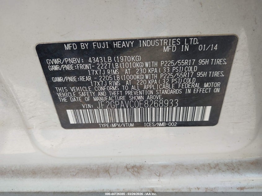 2014 Subaru Xv VIN JF2GPAVC0E8268933 IAAI salvage auction — UNDERCARRIAGE, Salvage (Texas), sold $600 on 2026-07-15 (photo 9)