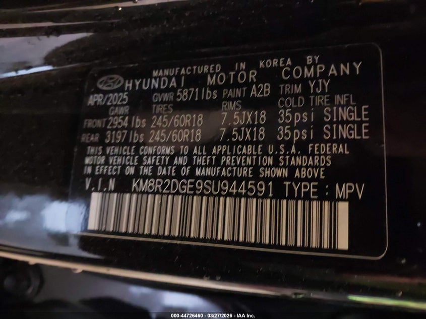 2025 Hyundai Palisade VIN KM8R2DGE9SU944591 IAAI salvage auction — FRONT END, Wait Title, sold $10,700 on 2026-07-29 (photo 9)