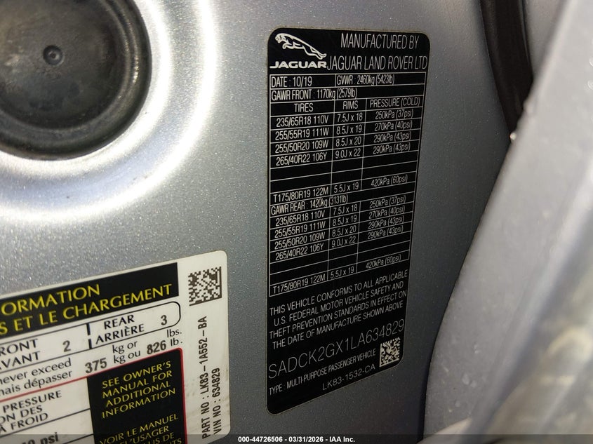 2020 Jaguar F-pace VIN SADCK2GX1LA634829 IAAI salvage auction — FRONT END, Wait Title, sold $6,425 on 2026-09-18 (photo 9)
