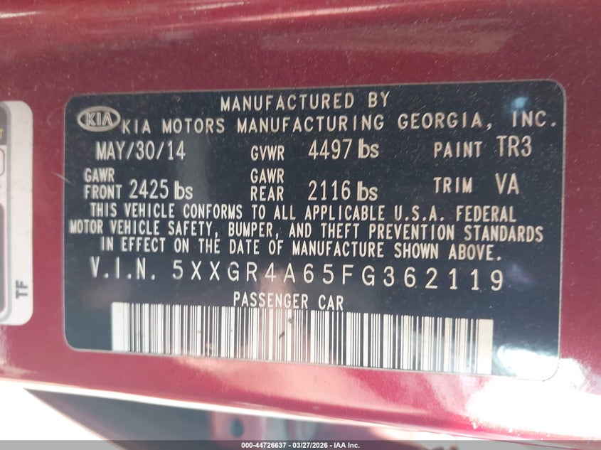 2015 Kia Optima VIN 5XXGR4A65FG362119 IAAI salvage auction — FRONT END, Wait Title, sold $475 on 2026-07-29 (photo 9)